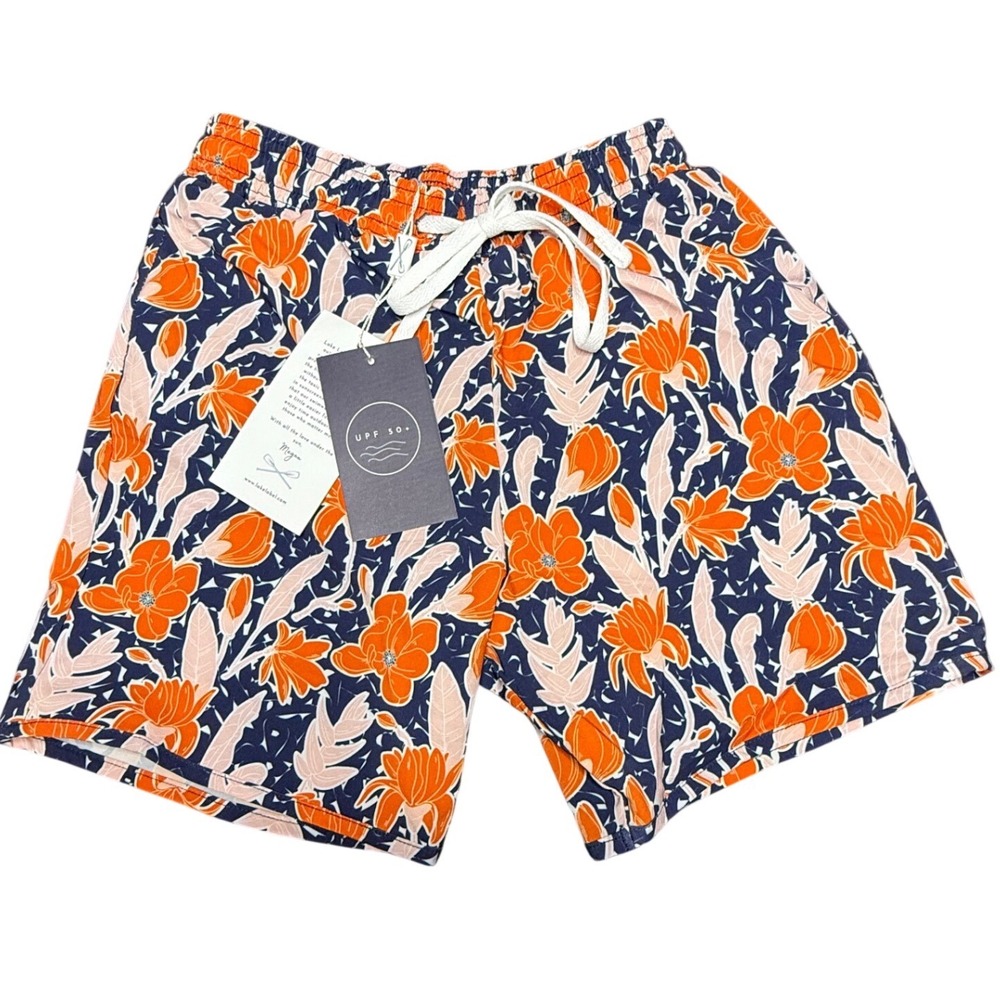 Lake Label Board Shorts Vintage Flower Orange Navy Floral UPF 50+ Size 8/9 NWT